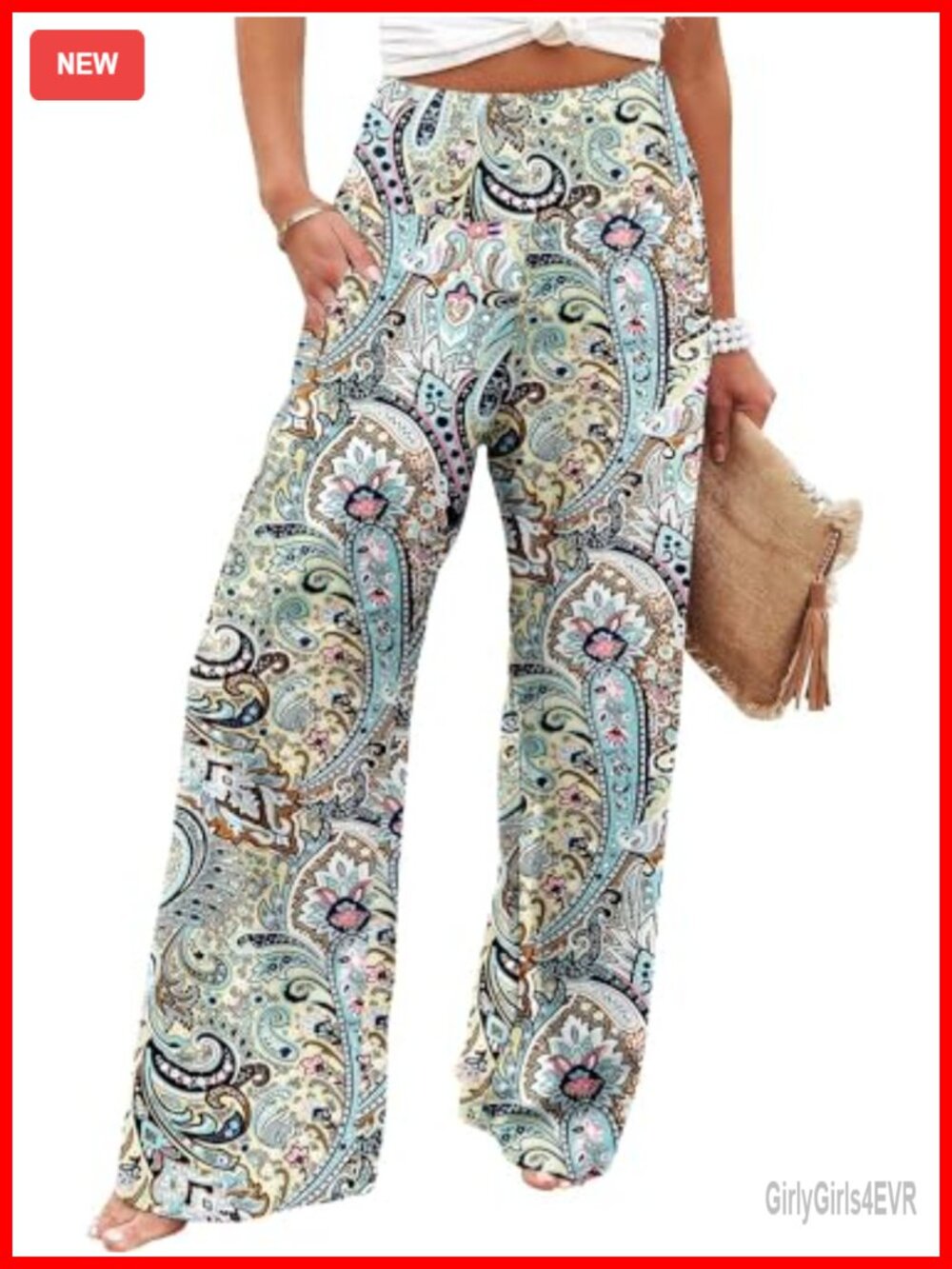 Women's Palazzo Lounge Pants High Waist Wide Leg Paisley with Pockets
